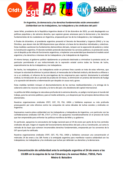 Portada. Intersindical francesa se solidariza con trabajadores argentinos